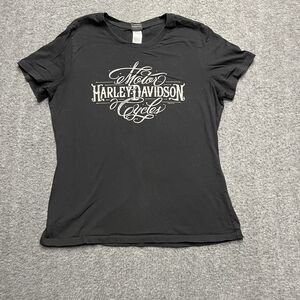 Harley Davidson V Neck Short Sleeve Shirt Women's Large Black Cotton Made in USA